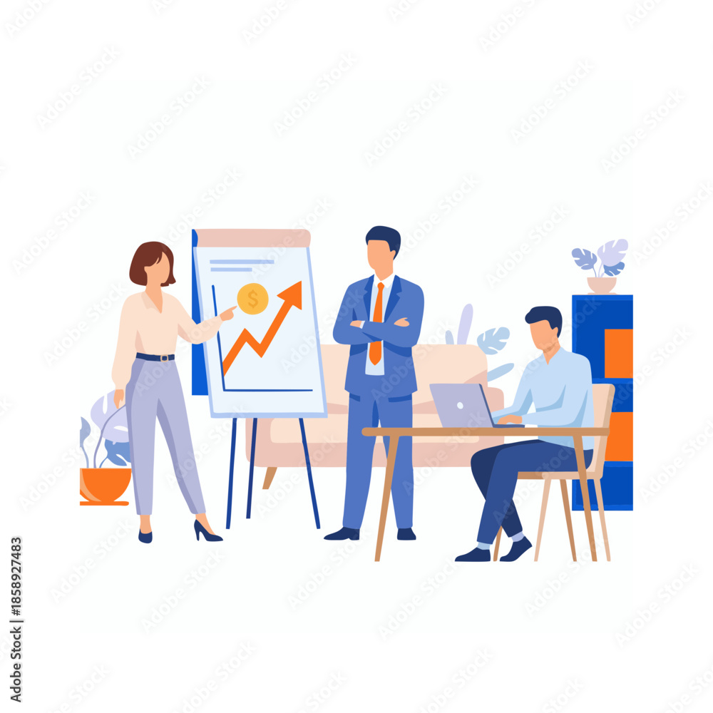 Obraz premium Business professionals collaborating in a modern office environment with a graphic presentation