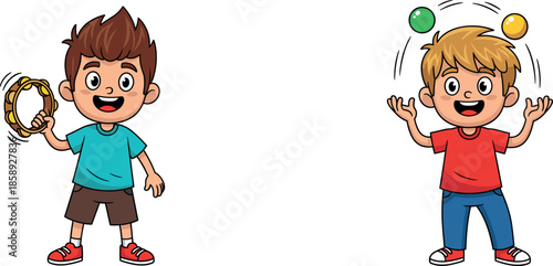 Two happy cartoon boys performing with musical instruments and juggling balls for children entertainment and hobby concept vector.