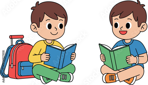 Two happy cartoon boys sitting cross legged and reading books with a red rolling backpack for education and literacy concept.