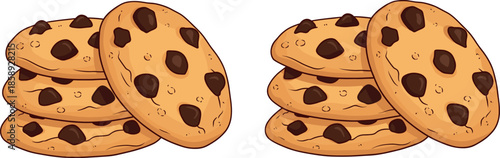 Two sets of chocolate chip cookie stacks with single leaning biscuits vector illustration isolated on white background for bakery.