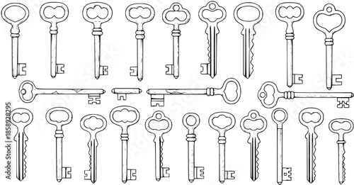 Vintage Keys Black and White Line Art Collection
