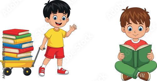 Two happy cartoon schoolboys with one waving and pulling a wagon full of books and another reading while sitting cross-legged.