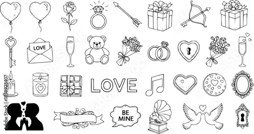 Romantic Love and Romance Valentine's Day Hand-drawn Black and White Line Art Doodles Icons Collection