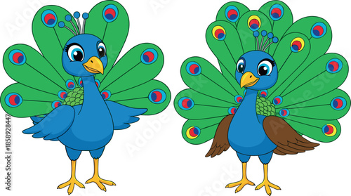 Two cute cartoon peacock characters with colorful green feathers and blue bodies isolated on a white background vector illustration.