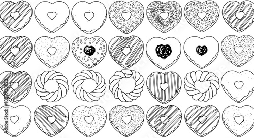 Black and white line art collection of heart-shaped donuts and pastries, ideal for confectionery, baking, and Valentine's Day food industry vector designs.