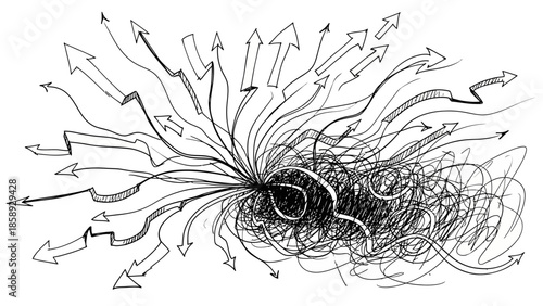 Abstract illustration of arrows pointing in multiple directions from a central point.