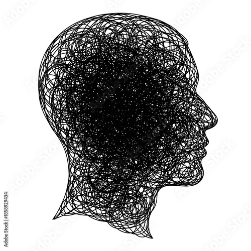 Картината върху платно Abstract Human Head Silhouette with Tangled Lines Representing Complex Thoughts