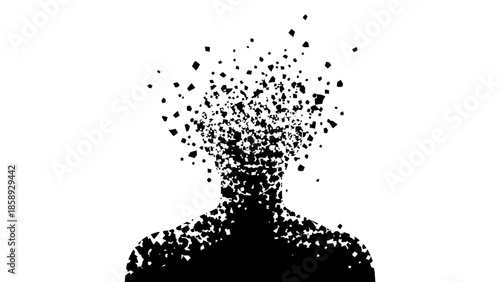 Abstract silhouette of a human figure disintegrating into particles.