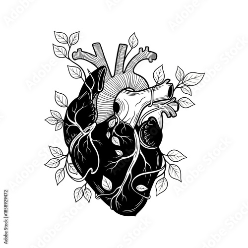 Anatomical Heart Illustration with Botanical Elements.