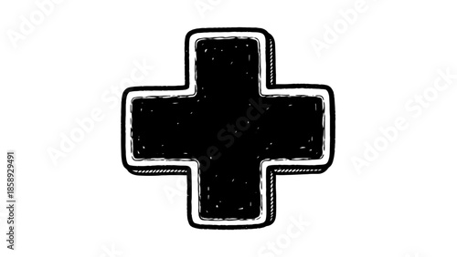 Black Hand Drawn Plus Sign Icon Isolated on White Background.