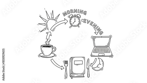 Daily Routine Cycle with Morning and Evening Activities Doodle.