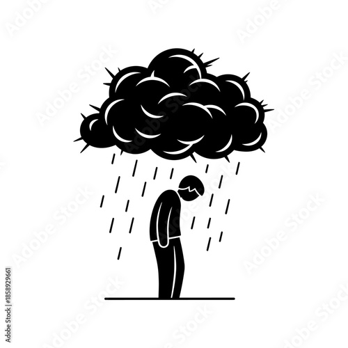 Depressed person under a dark rain cloud symbolizing sadness and despair.