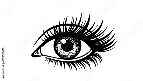 Detailed Hand Drawn Eye with Long Eyelashes and Iris.