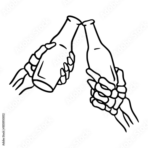 skeleton hands toasting beer bottles line art