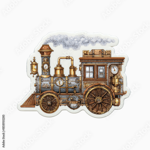 Steampunk locomotive illustration with intricate details and smoke