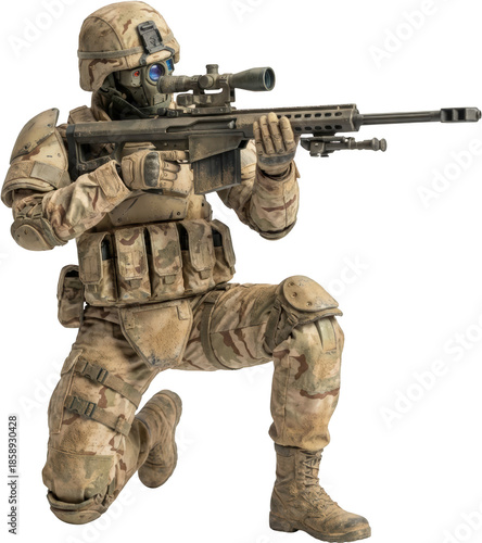 Kneeling soldier in desert camouflage uniform and tactical gear aims a large sniper rifle with a telescopic sight during an operation military weapon combat aiming equipment