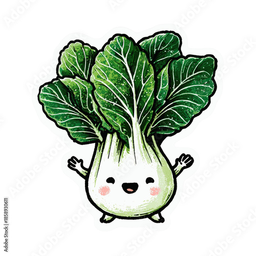 Cute cartoon bok choy vegetable character with happy face and waving arms