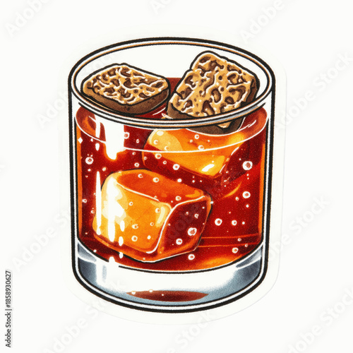 Refreshing beverage with ice cubes and garnish in a glass