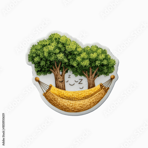 Cartoon trees sleeping in a hammock