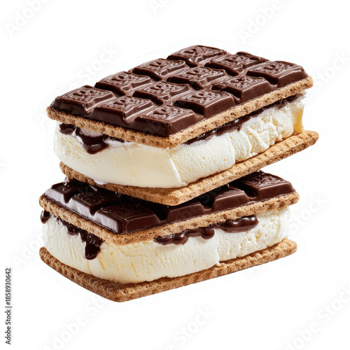 Two stacked ice cream sandwiches with chocolate and graham crackers