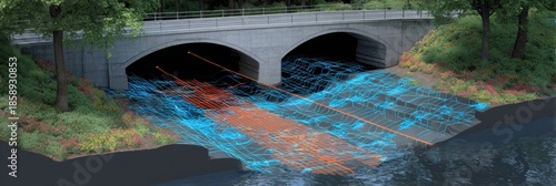 Bridge With Flowing Water and Digital Overlay Showing Movement Patterns Near a River