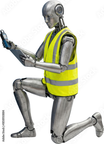Metallic humanoid robot wearing a bright yellow safety vest kneels while using a handheld digital device and tablet for inspection or data collection android high visibility