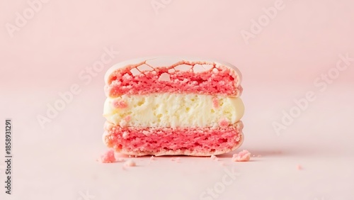 Close-up of a delicate pink macaron with creamy filling, a sweet treat