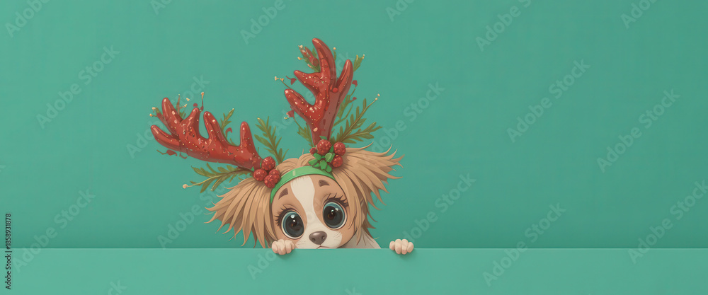 Naklejka premium Cute cartoon dog peeking over edge wearing festive reindeer antlers on clean green background expressing playful holiday humor curiosity and cheerful seasonal character concept 