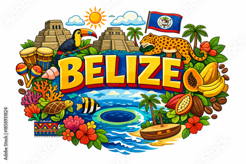 Belize culture vector illustration with reef rainforest temples and traditional symbols