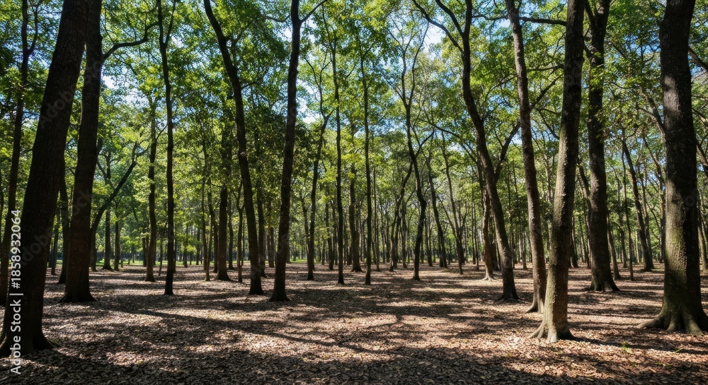 Fototapeta premium Forest scene with numerous tall trees and dappled sunlight filtering