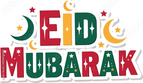 Colorful Eid Mubarak Greeting Design with Crescent Moons and Stars for Islamic Celebration