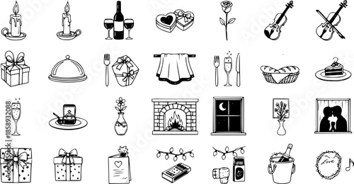 Romantic Valentine's Day Black and White Line Art Icons - Love, Gifts, Music, and Celebration