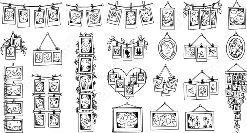 Black and White Line Art of Hanging Photo Frames, Collage of Pictures, Vector Illustration for Memories and Display
