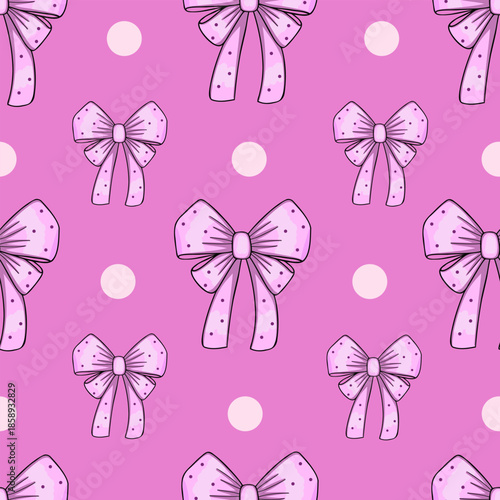 Bows seamless pattern. Vector Illustration for printing, backgrounds, covers and packaging. Image can be used for greeting cards, posters, stickers and textile. Isolated on pink background.