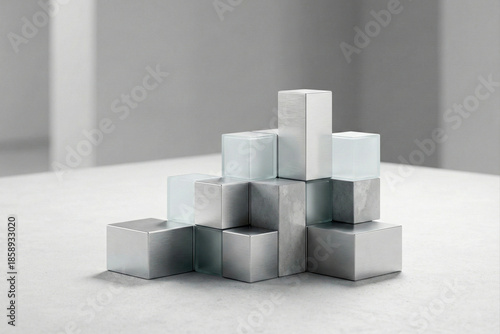 Stacked Geometric Blocks of Metal and Frosted Glass cubes