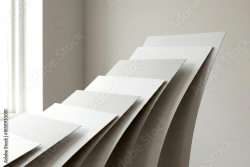 Stacked White Paper Sheets Curved Against Light Background image photo
