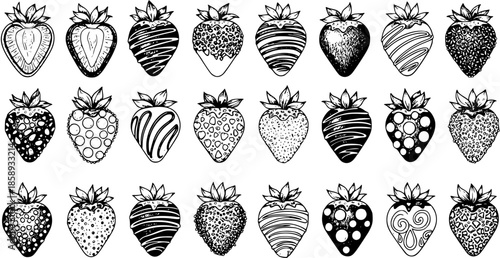 Black and White Line Art Strawberry Collection, Vector Illustrations of Various Strawberry Designs