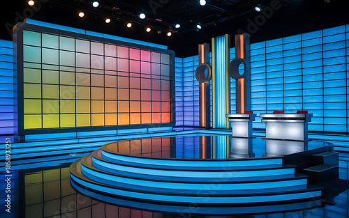 A brightly lit game show set with a large, colorful grid wall, multiple podiums, and a stage with steps