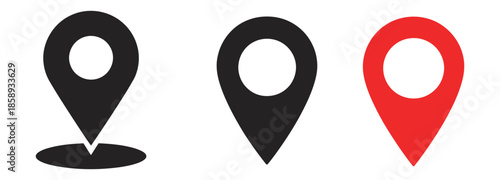 Location Icon Map Pin Set Outline, Black, and Red Styles Vector, Including Map Markers, Geolocation Icons