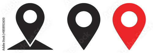 Location Icon Map Pin Set Outline, Black, and Red Styles Vector, Featuring Navigation Symbols, Geolocation Markers