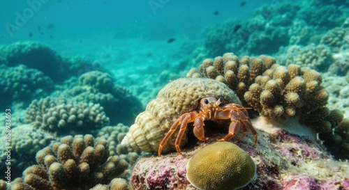 Orange crab peeks from shell atop coral reef, underwater marine life