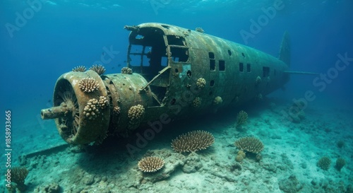 Sunken plane wreck covered in coral, rests on sandy ocean floor