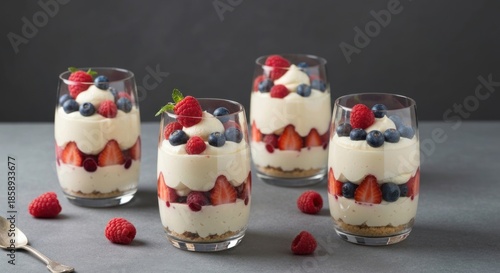 Delicious layered dessert parfaits with berries in clear glasses