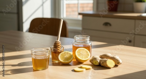 Healthy remedy honey, lemons, and ginger on a wooden table near a sunny window