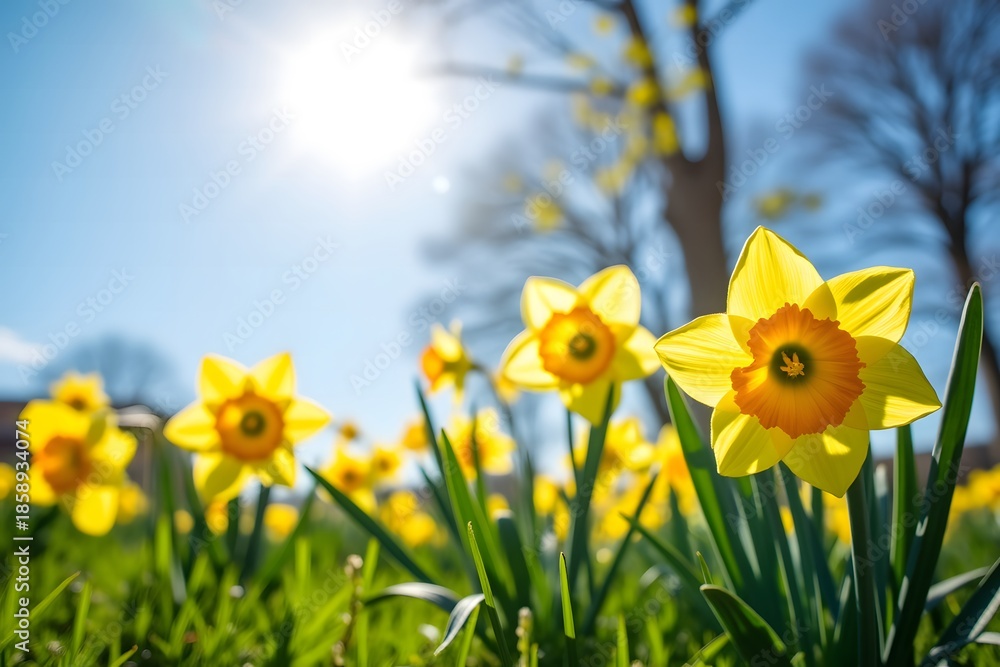 Obraz premium Field of bright yellow daffodils blooming under a clear blue sky with sun flare