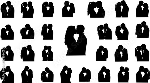 Romantic Couples Kissing Silhouettes Vector Illustration - Diverse Black Figures Depicting Love, Affection, and Intimacy for Relationship, Lifestyle, and Valentine's Day Concepts