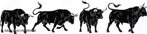 Bull silhouettes vector illustration collection, powerful black cattle in dynamic poses, strong farm animals for logo, branding, agriculture design use