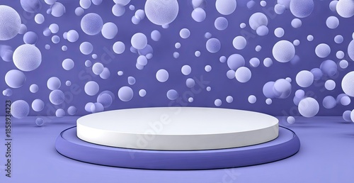 Abstract 3 d rendering of product display with floating spheres and a podium