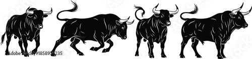 Bull silhouettes vector illustration set, powerful black cattle in different poses, strong animal figures for logo, branding, farm design use