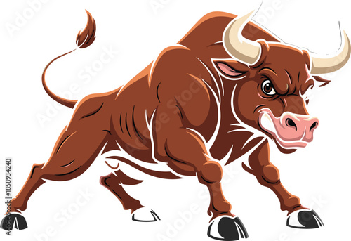 Charging bull cartoon illustration, aggressive powerful animal mascot, muscular strength symbol, sports logo style vector artwork for branding marketing use